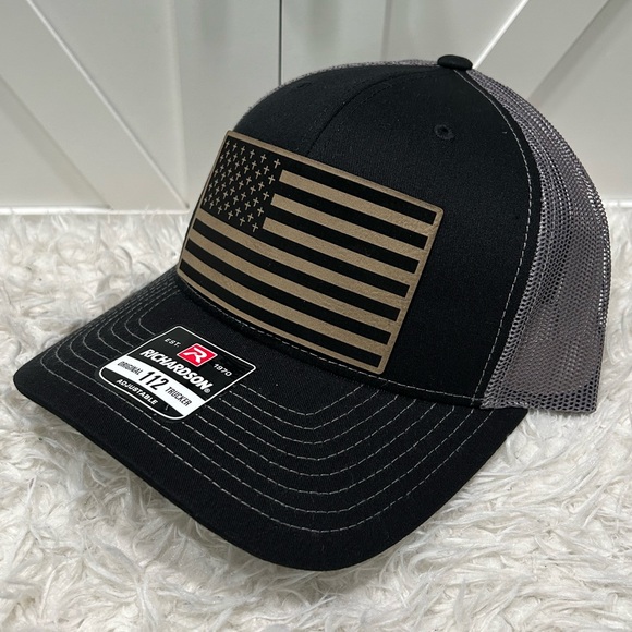 Laser engraved, American flag crosses. Richardson 112 trucker hat. - Picture 1 of 2